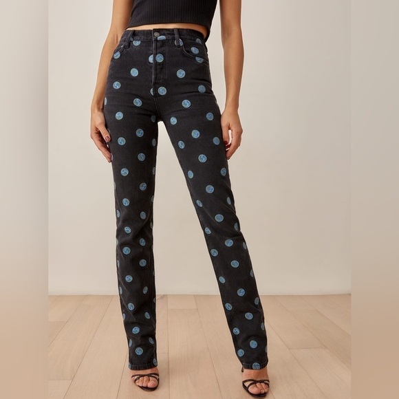 Reformation Black and Blue Polka Dot Straight Leg Jeans - Picture 3 of 11